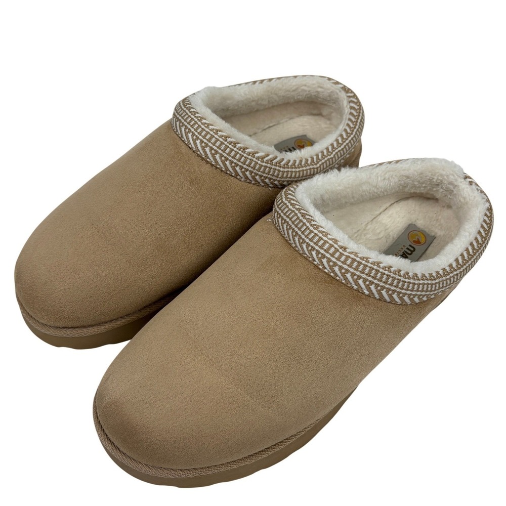 Makalu Faux Fur Lined Clog Slippers Womens 10 Tan Suede Look Platform Mule‎ - Picture 2 of 13